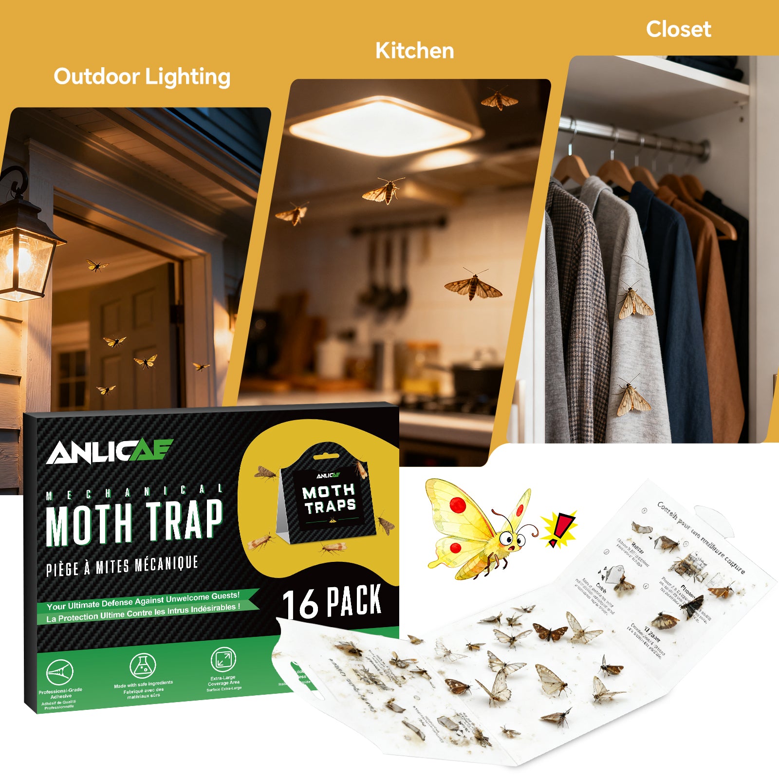 16 Pack Pantry Moth Traps and Clothes Moth Trap – Non-Toxic Moth Traps Clothing with Sticky Glue, Chemical-Free, Pheromone-Free, Safe Indoor Use