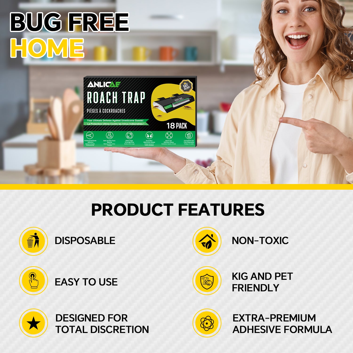 18 Pack Cockroach Traps Indoor Sticky, Glue Traps for Roaches Bug Traps - Long Lasting Non-Toxic Children and Pet Friendly